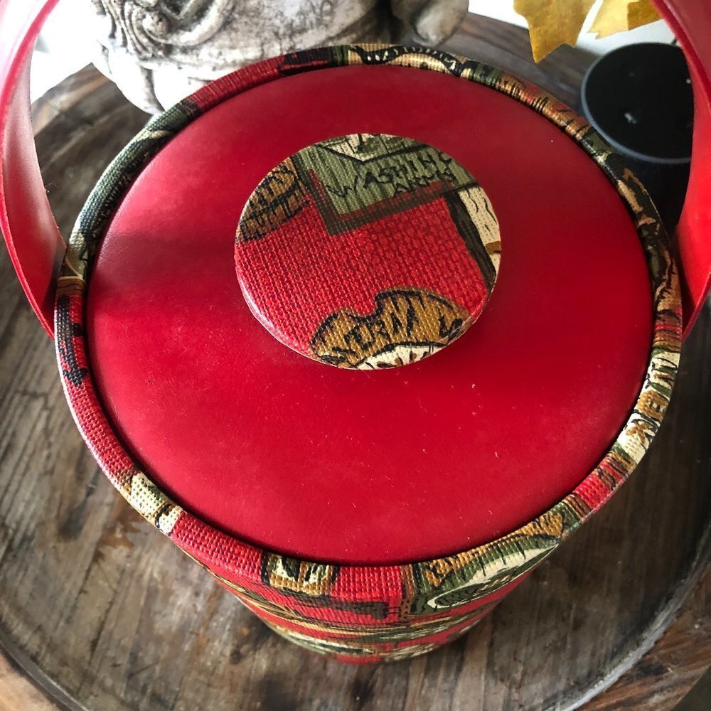 VINTAGE 70'S RED CLOTH INSULATED ICE BUCKET TAVERN/BAR THEME - Picture 5 of 8